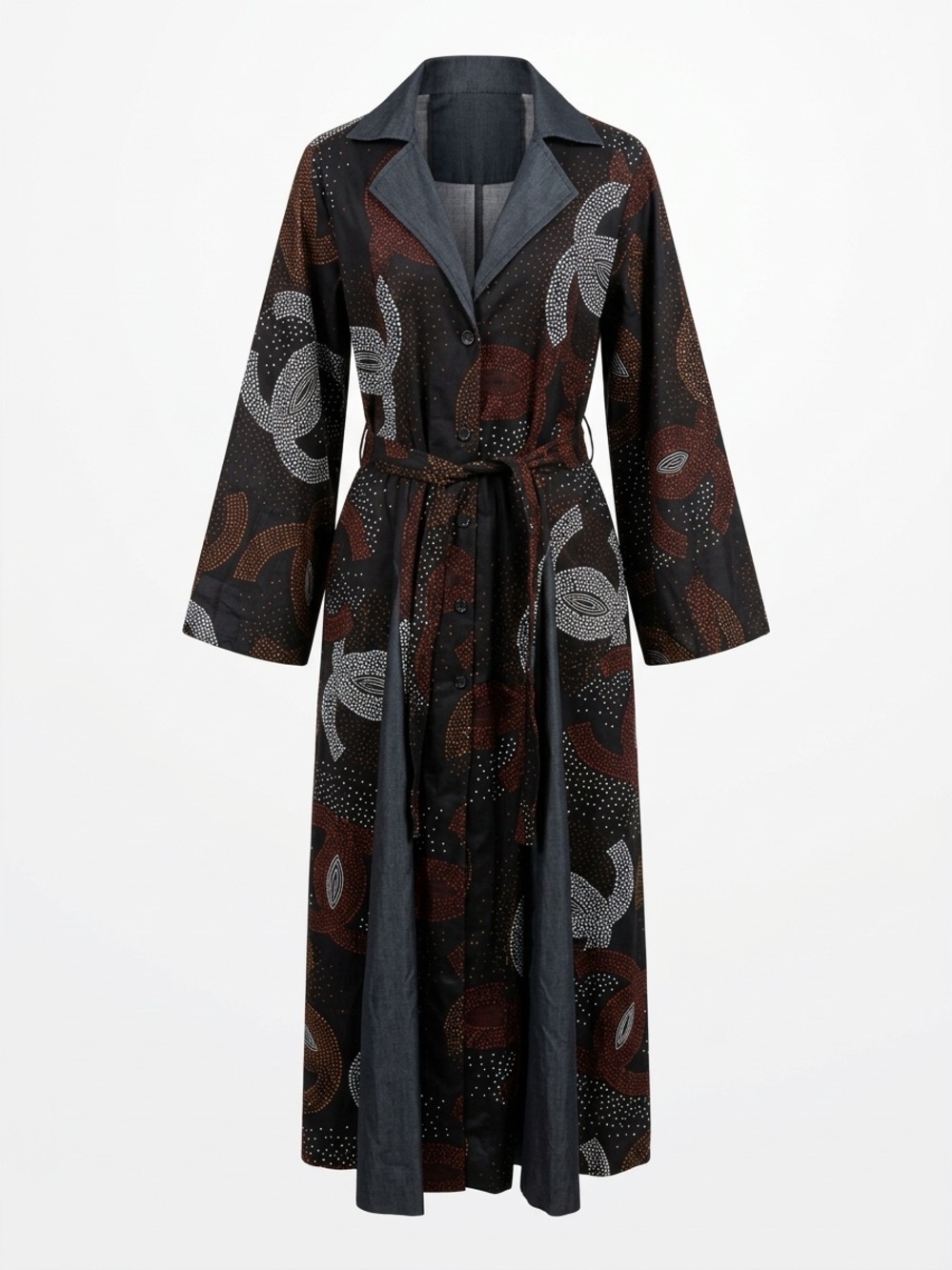 Long Button-Front Wrap Jacket with Belt Inspired Style Black and Brown